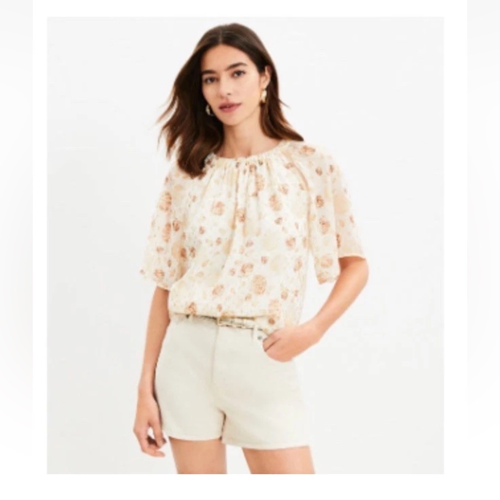 LOFT Metallic Shell Chiffon Blouse Ivory Gold Beige Short Sleeve Size Sm NWT